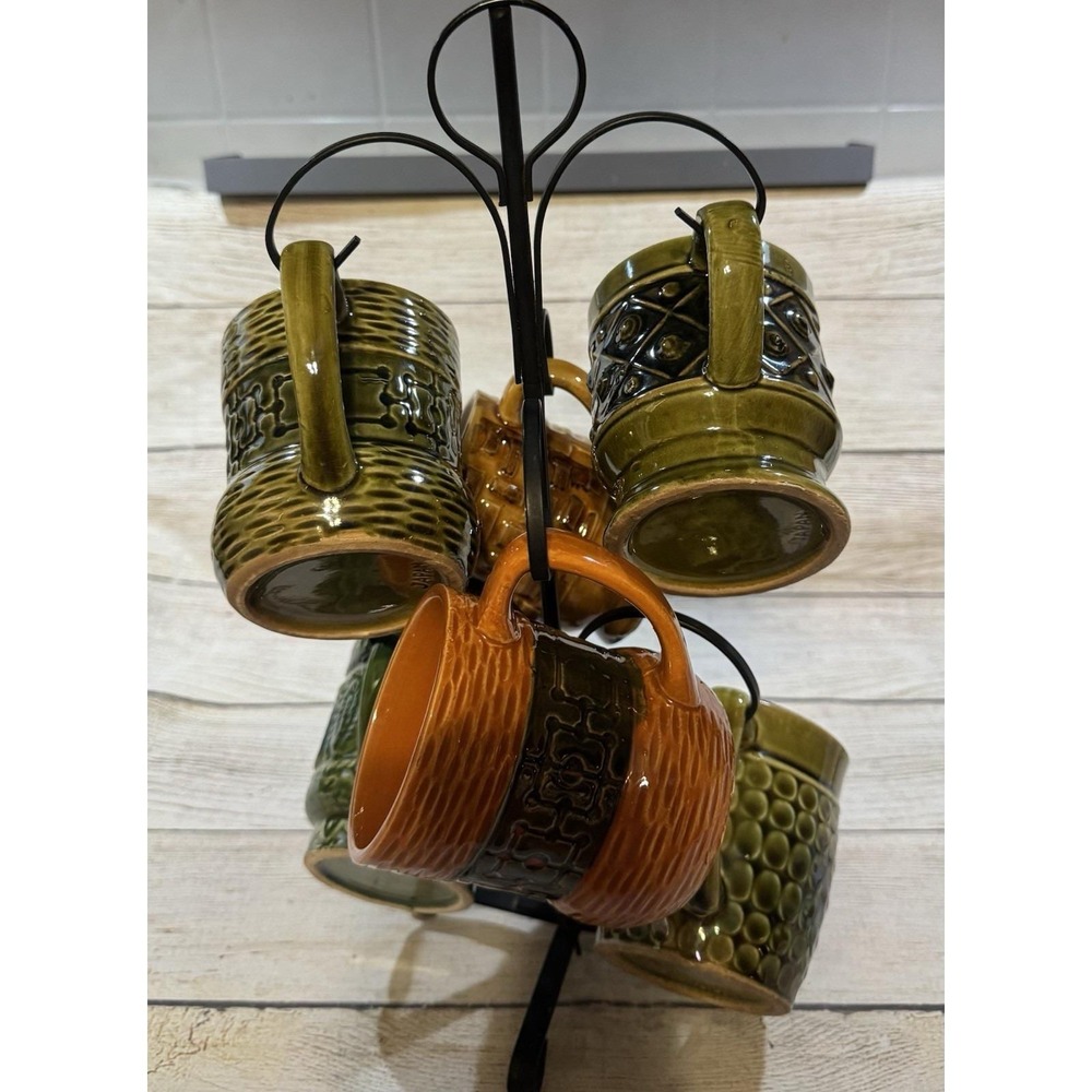 Mid Century Vintage Metal Mug Tree with 6 Coffee Tea Mugs Japan MCM Retro